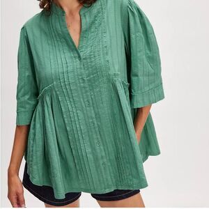 NWT We The Free Willow Button Down Green pleated blouse